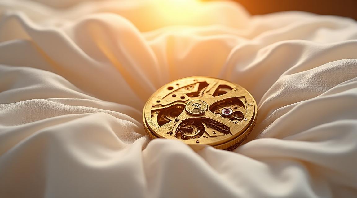 Artistic representation of clockwork mechanics merging with soft silk bedding
