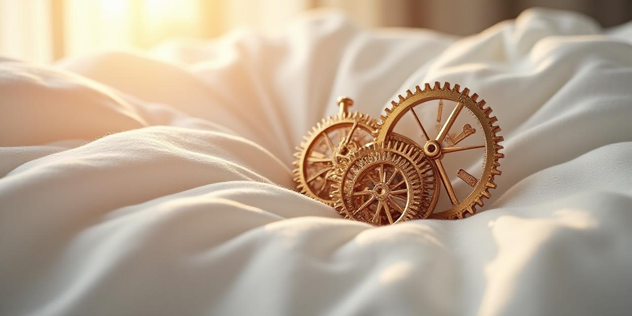 Intricate golden clockwork gears blending into soft white fabric layers