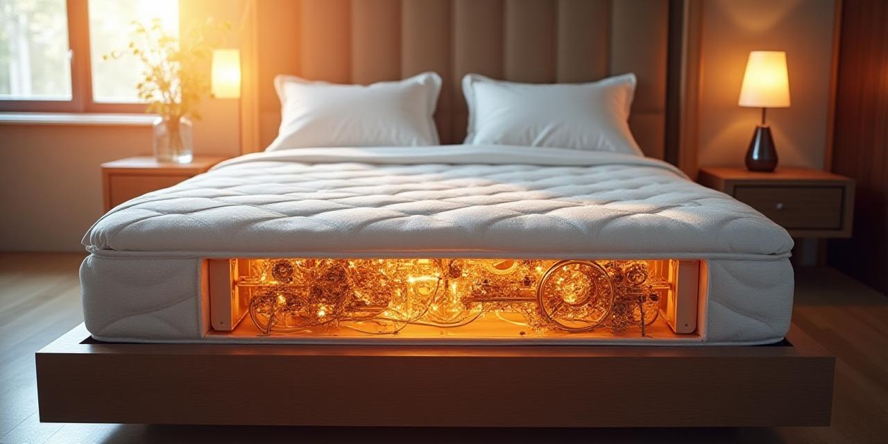 Luxury mattress with intricate copper gear details and soft white linens