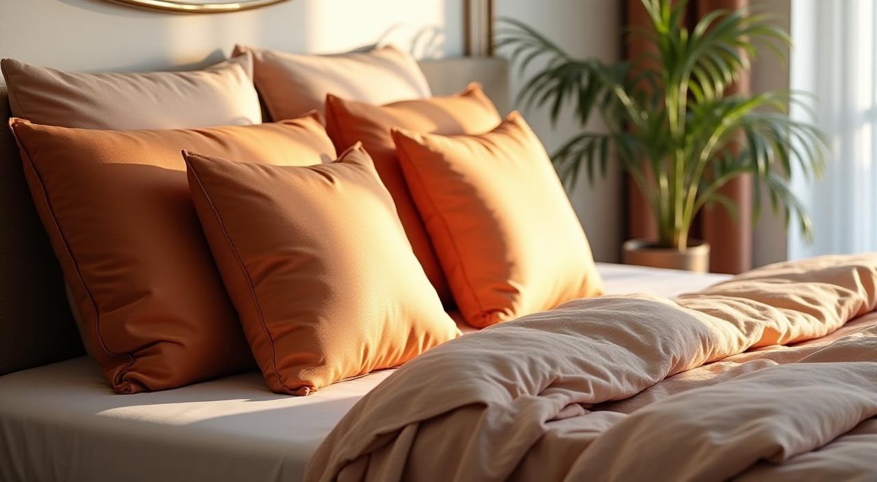 Close up of high-thread count sheets and copper-toned pillows